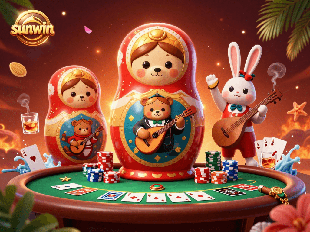 Play poker with sunwin in a vibrant illustrated casino world featuring quirky characters.