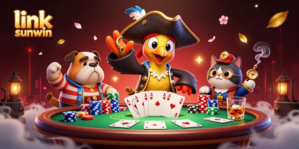 Engage with link sunwin in this vibrant 3D casino scene showcasing dynamic poker action and colorful gameplay.