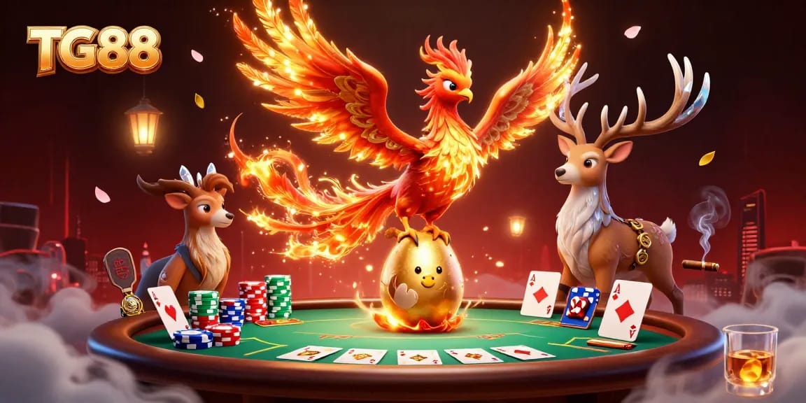 Engage with TG88's exhilarating gaming experience featuring vibrant 3D artwork of phoenixes and poker elements.