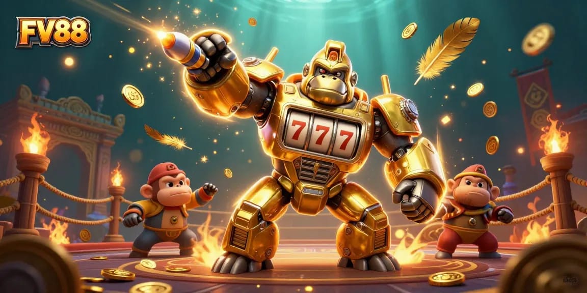 Experience thrilling gameplay at FV88 with the golden gorilla mech and casino-themed elements.