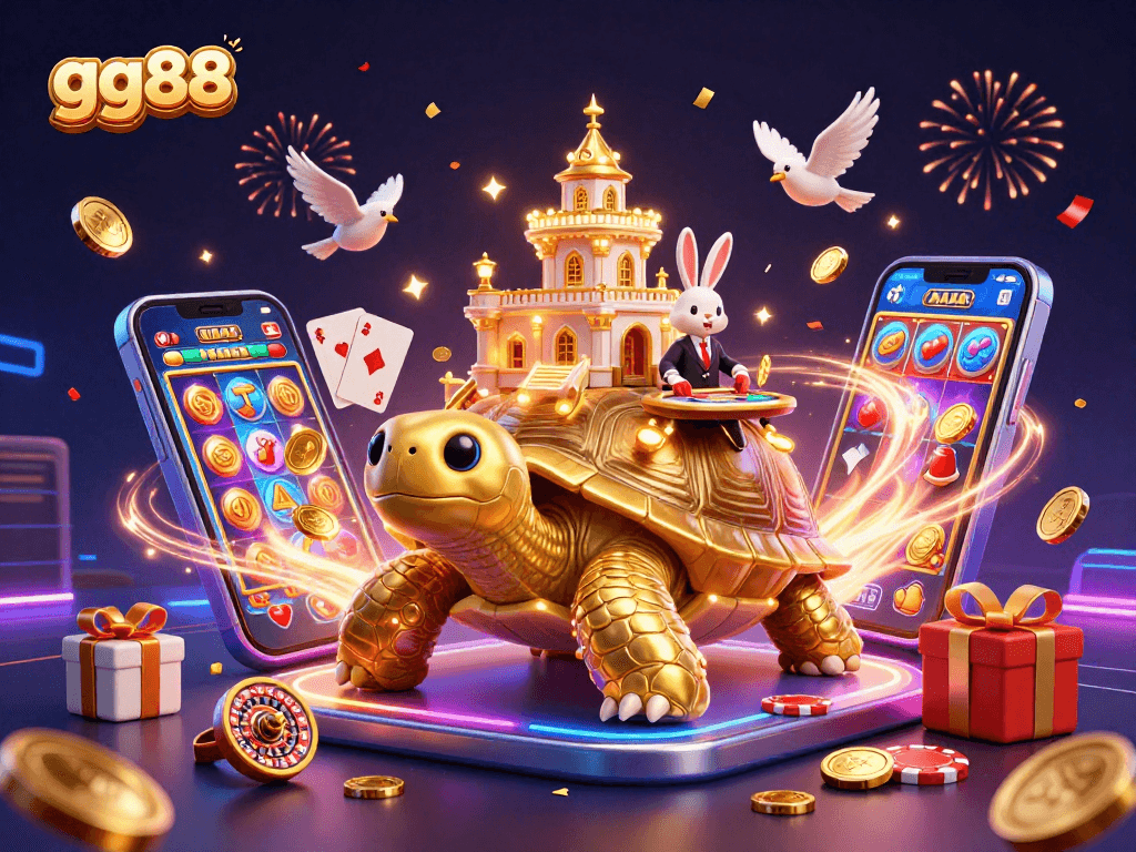 Experience exciting rewards at gg88 casino with our vibrant gaming scene featuring golden tortoise and rabbit dealer.