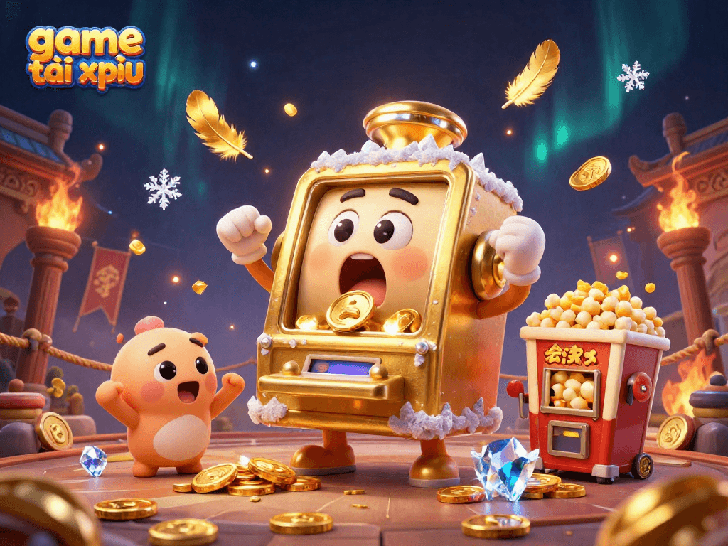 game tài xỉu scene showcasing a shocked golden slot machine celebrating a jackpot with cheering smaller machines and a popcorn machine.