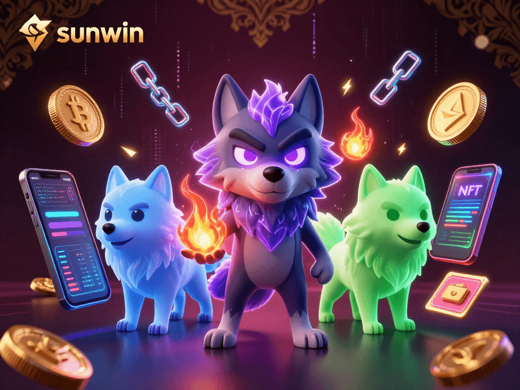 Engage with sunwin casinos showcasing vibrant 3D wolves and cryptocurrency elements in a dazzling scene.