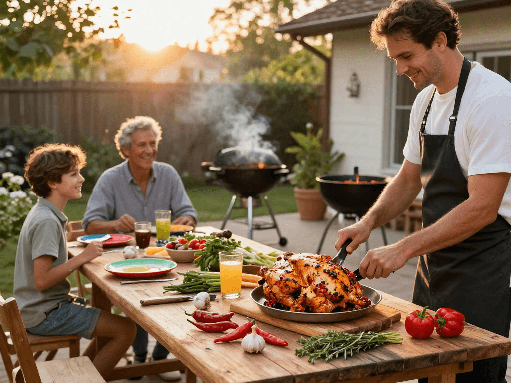 Delicious grilled chicken preparation with rokok88 login flavor, showcasing spices, chilies, and a family gathering ambiance.