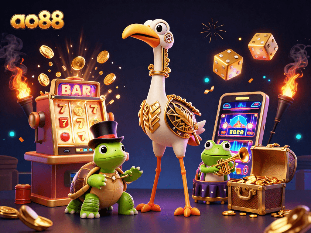 Engage with ao88 at a lively speakeasy, featuring whimsical characters and casino action.