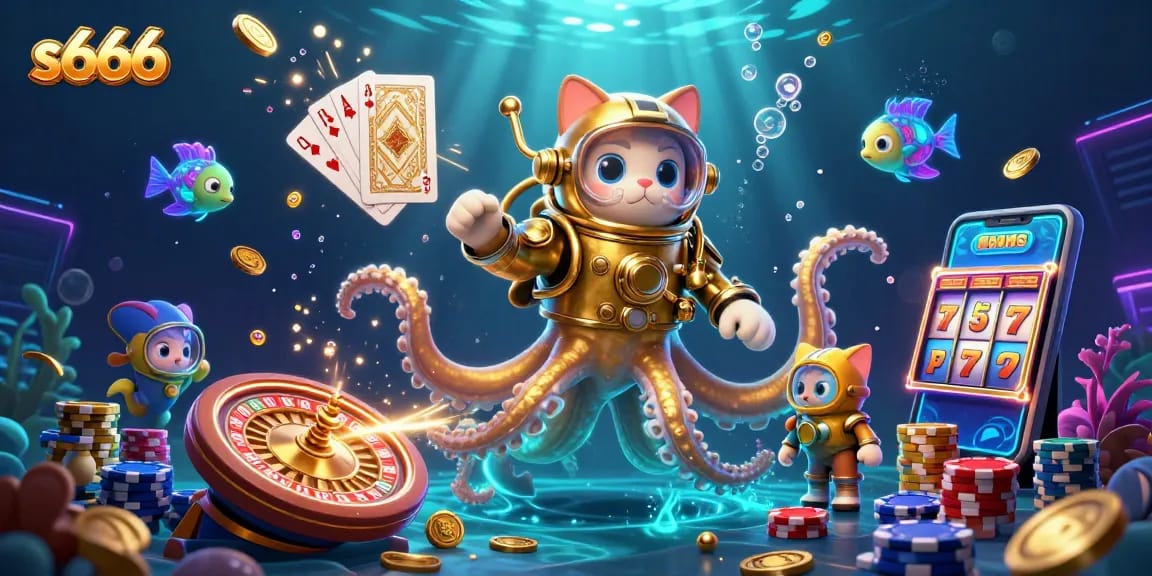 Engage with the exciting world of s666 featuring a dynamic scene of a kraken, diving cat, and rich casino elements.