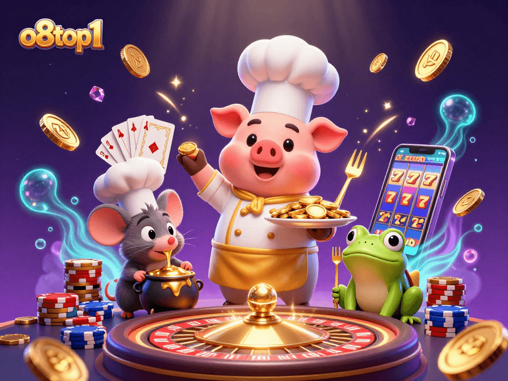 Experience the excitement of o8top1 with a whimsical casino scene of animated chefs and games.