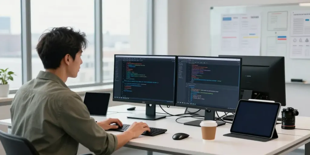 Software engineer utilizing instant indexing at a modern workspace