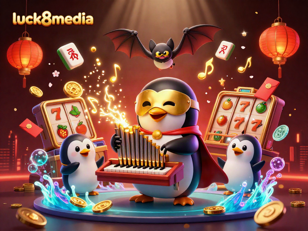 Play slots with luck8media in a dynamic casino scene filled with vibrant elements.