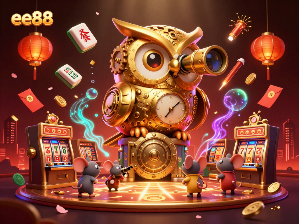 Experience thrilling excitement at ee88 with a vibrant cartoon illustration showcasing a golden owl and bustling casino elements.