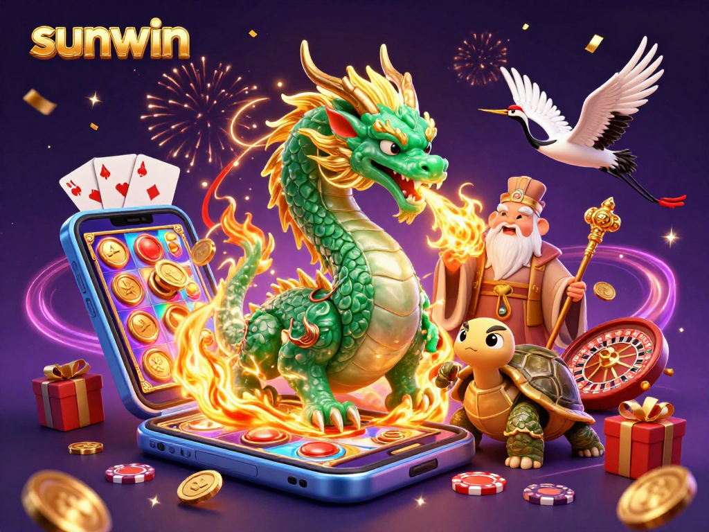 Experience thrilling moments at sunwin with a jade dragon, lucky cranes, and exciting casino game elements.