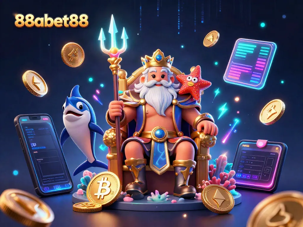 Experience the thrill of 88abet88 with cartoon Neptune amidst vibrant crypto coins and casino elements.