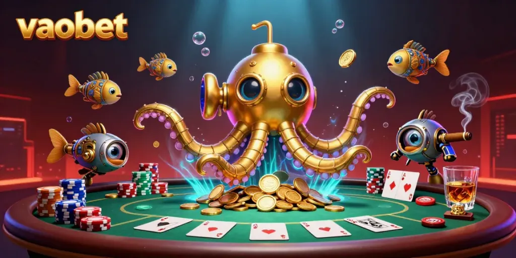 Experience thrilling gameplay at vaobet with a golden kraken submarine amidst vibrant casino elements.