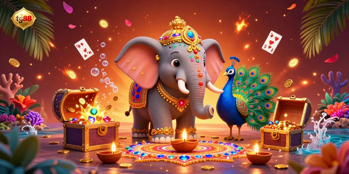 Experience the vibrant tg88 gaming scene with a colorful cartoon elephant and peacock amidst gold coins and playing cards.