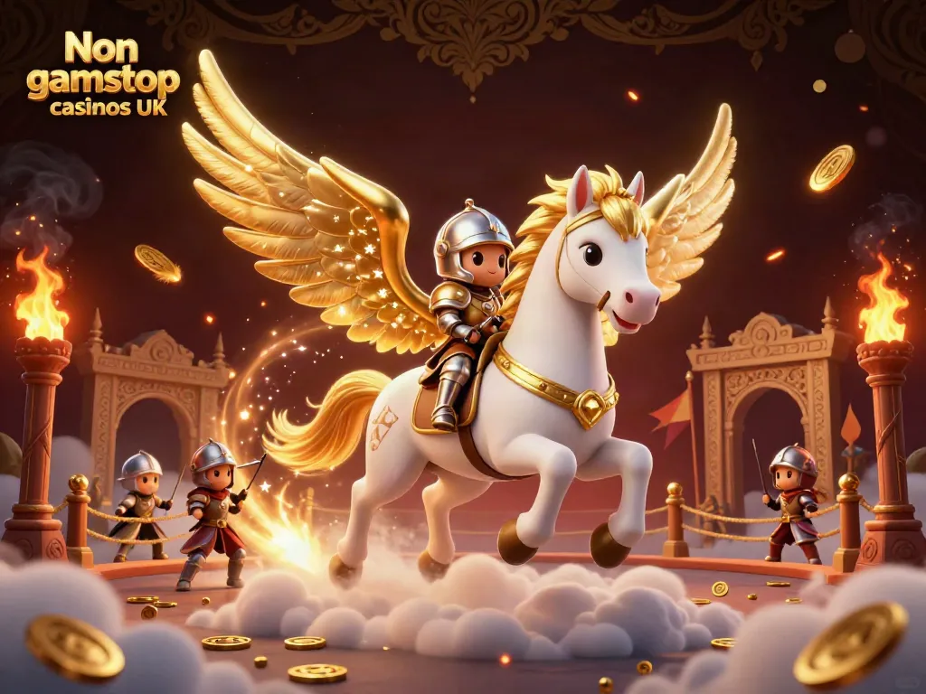 Engage with thrilling Non gamstop casinos UK showcasing a celestial horse and knight amidst dynamic casino elements.