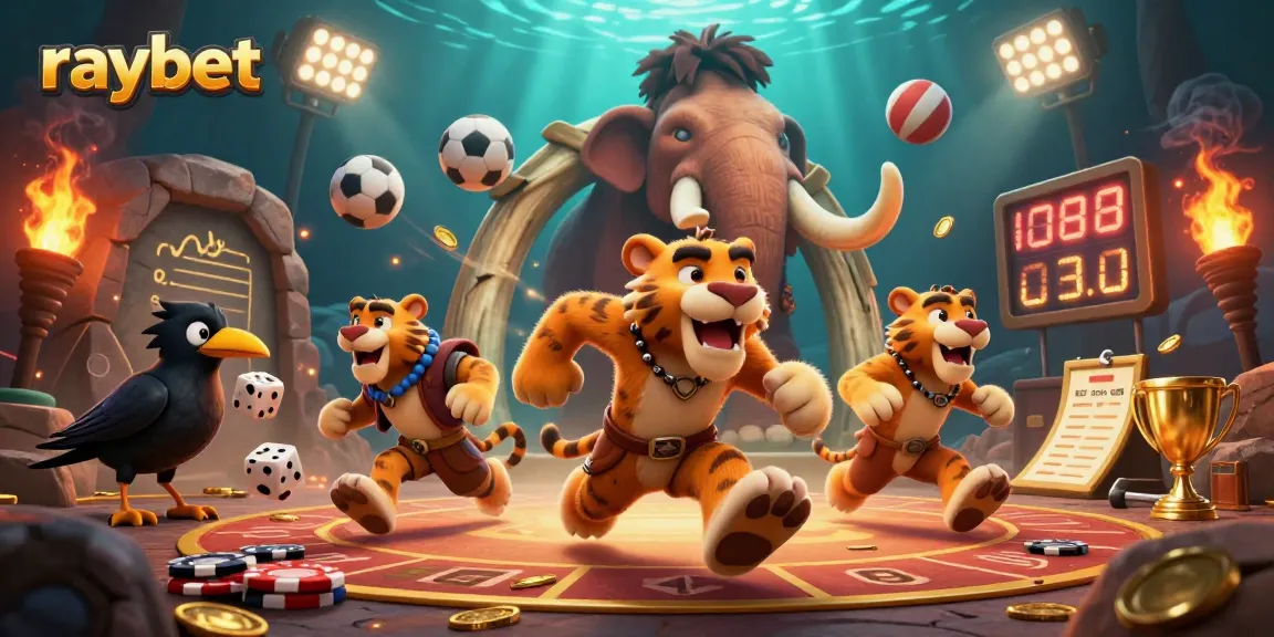 Raybet features a lively prehistoric casino scene with sports betting and vibrant characters.