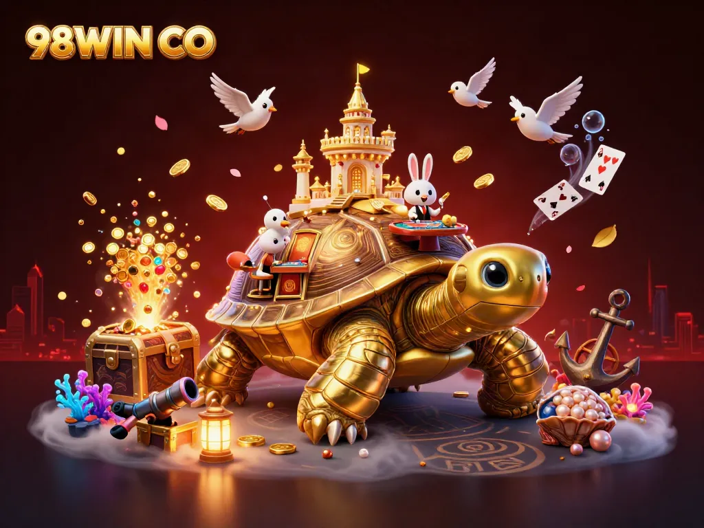 Experience the excitement of 98WIN CO with dynamic casino scenes and whimsical characters.