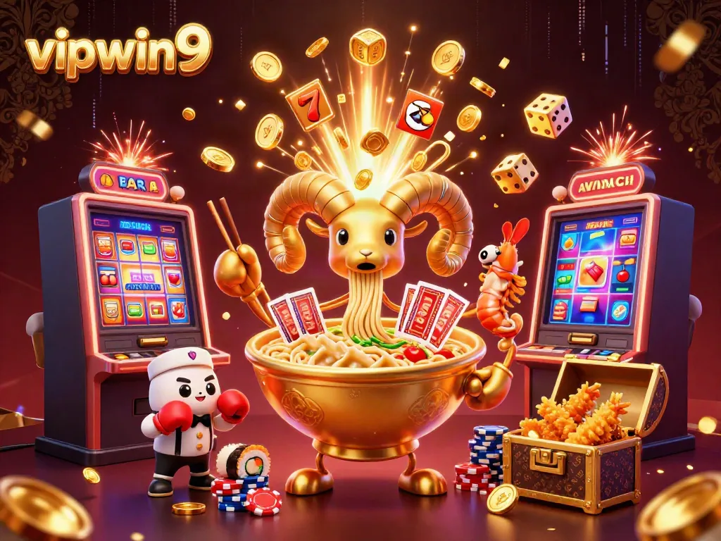 Engage in thrilling gameplay with vipwin9 in a vibrant casino scene showcasing animated food characters.