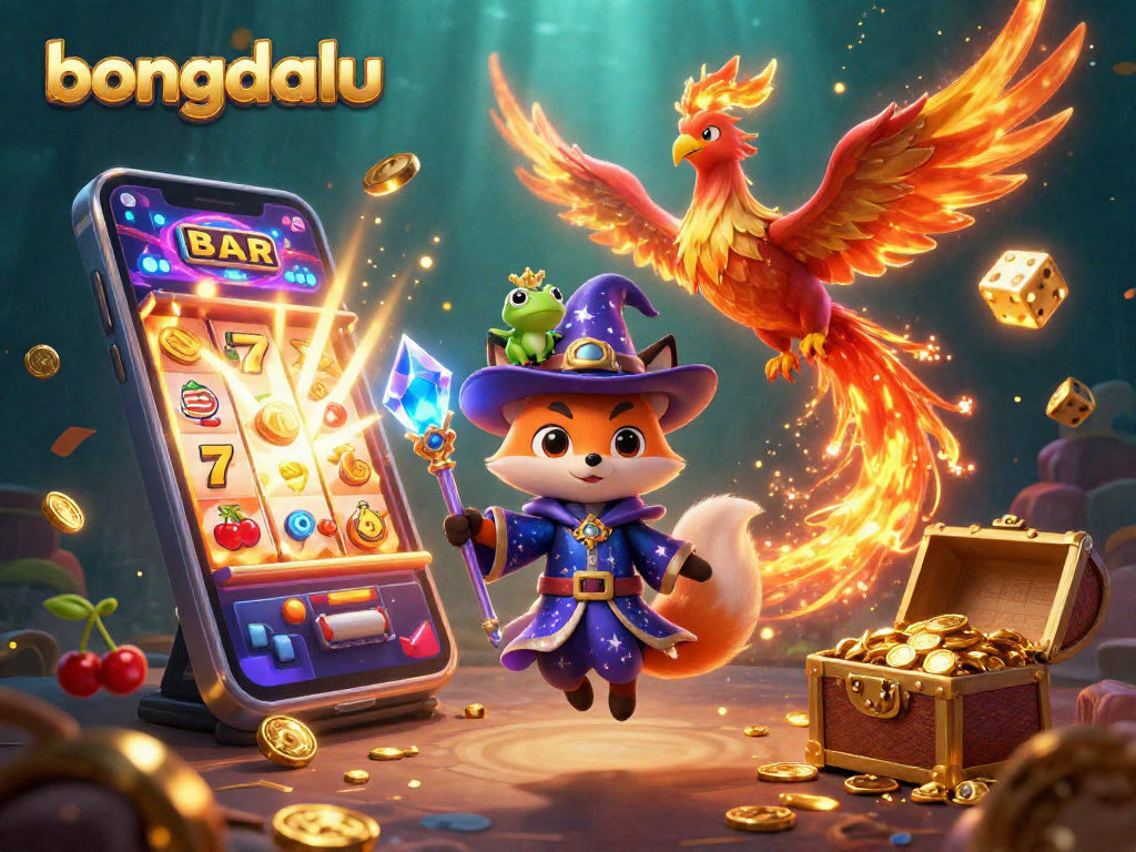 Witness the magical world of bongdalu as a wizard fox and phoenix celebrate jackpots in a vibrant casino scene.