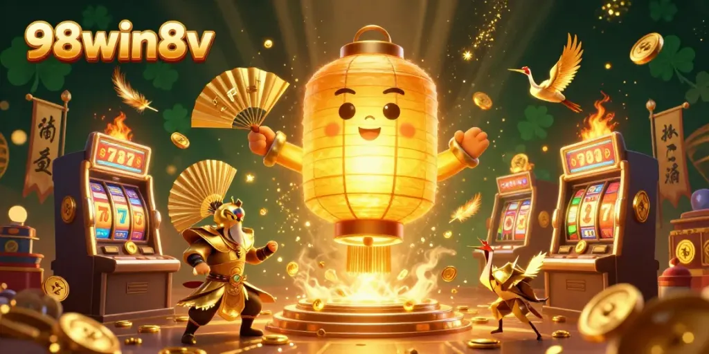Experience thrilling slots at 98win8v with a vibrant casino scene featuring golden lantern spirits and lucky symbols.