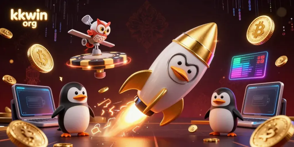 Engage with kkwin org's dynamic space adventure featuring a golden penguin and casino themes.