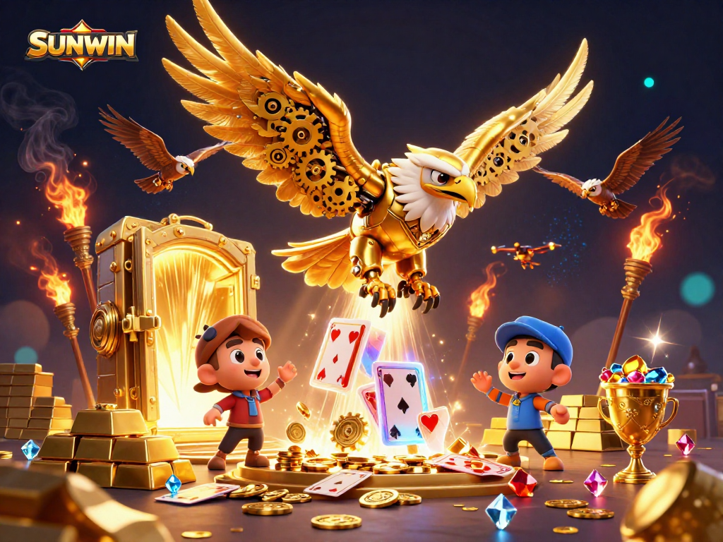 SUNWIN's exciting gambling experience depicted with a cybernetic eagle soaring through vibrant holographic cards and sparkling treasures.