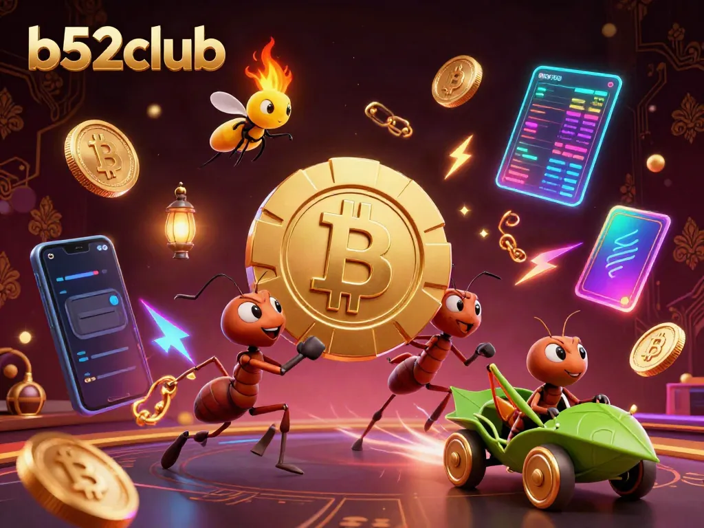 The b52club heist scene features ants carrying a golden poker chip through a vibrant casino tunnel, showcasing crypto coins and neon effects.