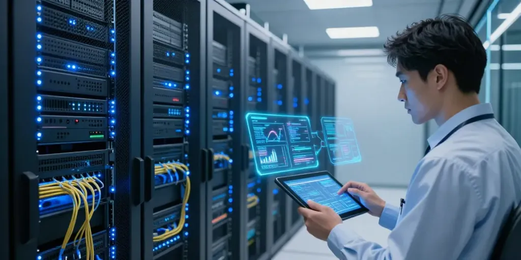 Network vulnerability assessment performed in a modern data center with illuminated servers and engineers monitoring systems.