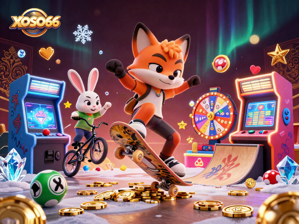 XOSO66 lottery action scene with a skateboarder fox and BMX rabbit winning big amidst vibrant gaming elements.