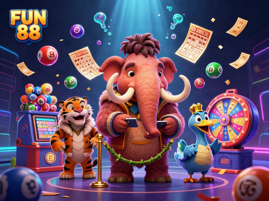 Experience FUN 88 with a vibrant illustration of a woolly mammoth bouncer and casino action.