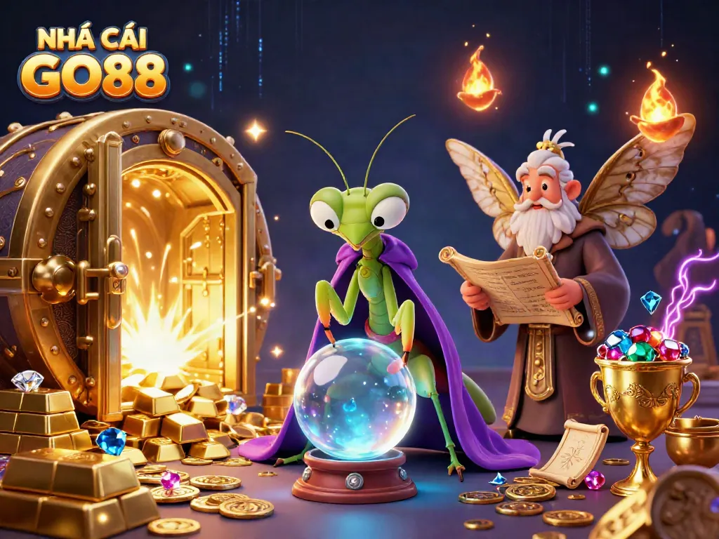 Engage with the vibrant world of NHÀ CÁI GO88 as a praying mantis fortune teller unveils winning secrets through a crystal ball, surrounded by treasures and magical oracles.