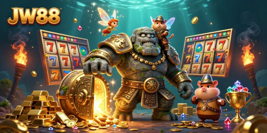 Engage with JW88 at this animated illustration showcasing a vibrant casino adventure filled with treasures.