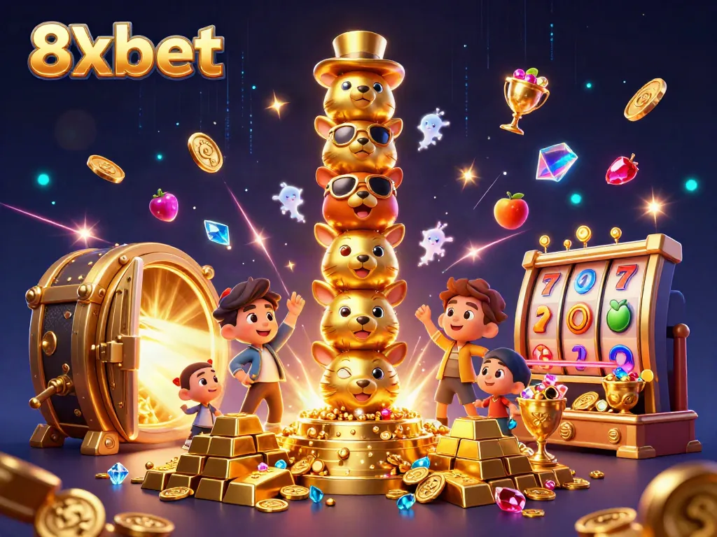 Experience the excitement of 8xbet with an engaging promotional 3D casino illustration featuring vibrant game elements.