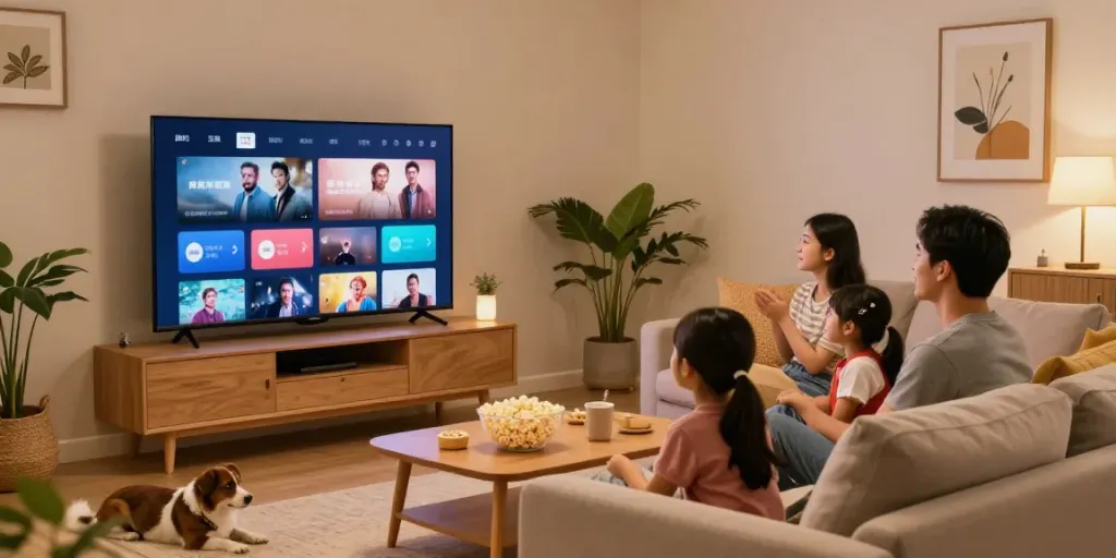 Family enjoying a cozy movie night with idlix streaming on the TV