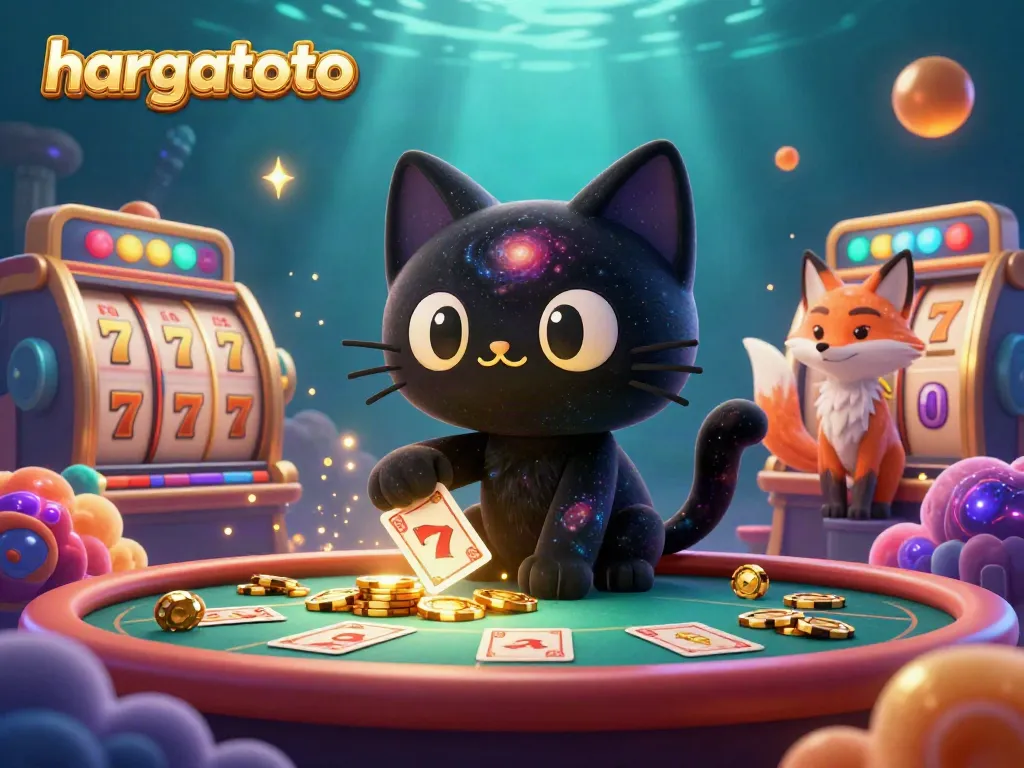 Engage with hargatoto's captivating cosmic casino scene featuring a black hole cat and vibrant game elements.