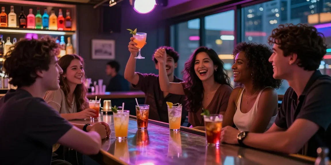 Vibrant nightlife scene at a bar depicting friends celebrating together, capturing an engaging nsfw ambiance.