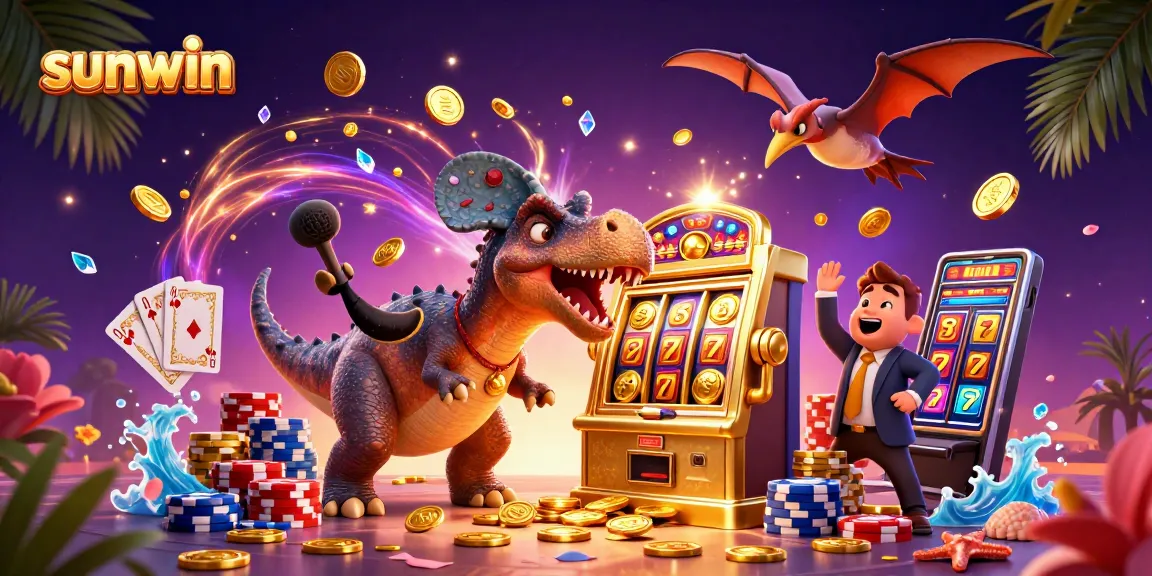 sunwin reveals a fun slots adventure with cartoon chaos among dinosaurs and golden coins scattering.