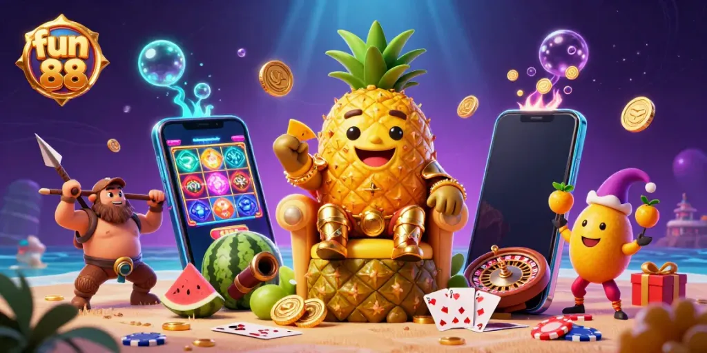 Experience fun 88 with the golden pineapple king and vibrant casino elements in a rich 3D scene.