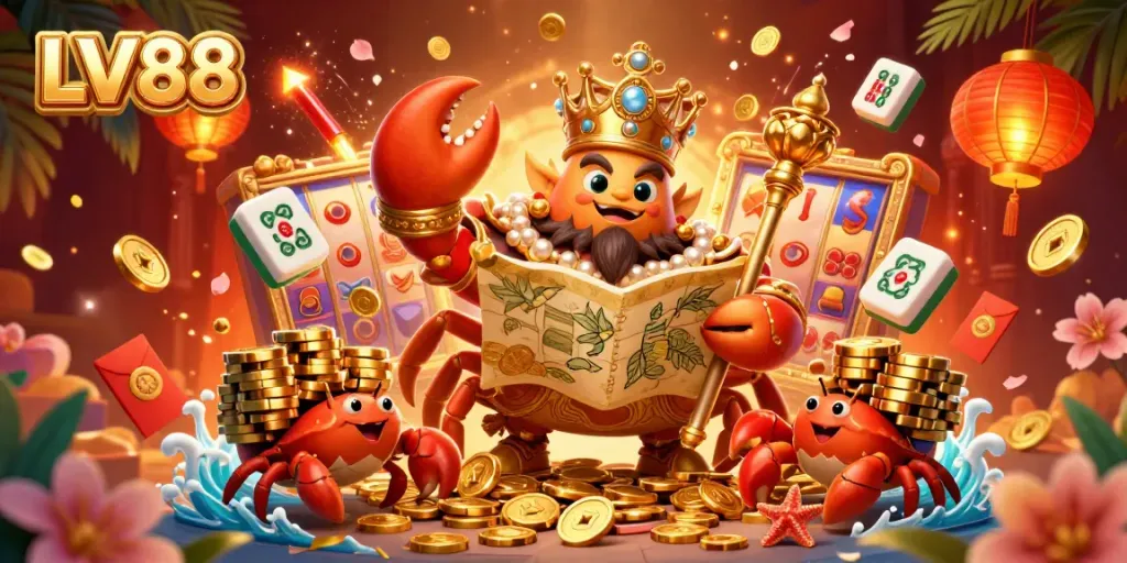 Experience winning at LV88 with a vibrant casino scene featuring a golden crab emperor and festive game elements.