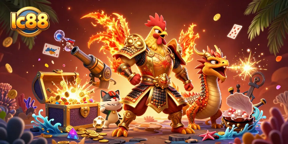 Experience the excitement at lc88 with a cartoon rooster warrior and dragon amidst treasures and casino elements.