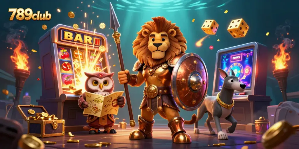 Experience the thrill of winning at 789club with a vibrant casino scene featuring animated characters and jackpot explosions.