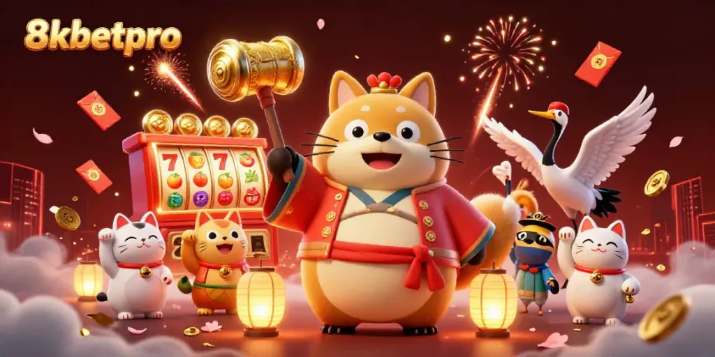 Experience the vibrant casino world with 8xbetpro featuring lucky tanuki, cranes, and festive elements.