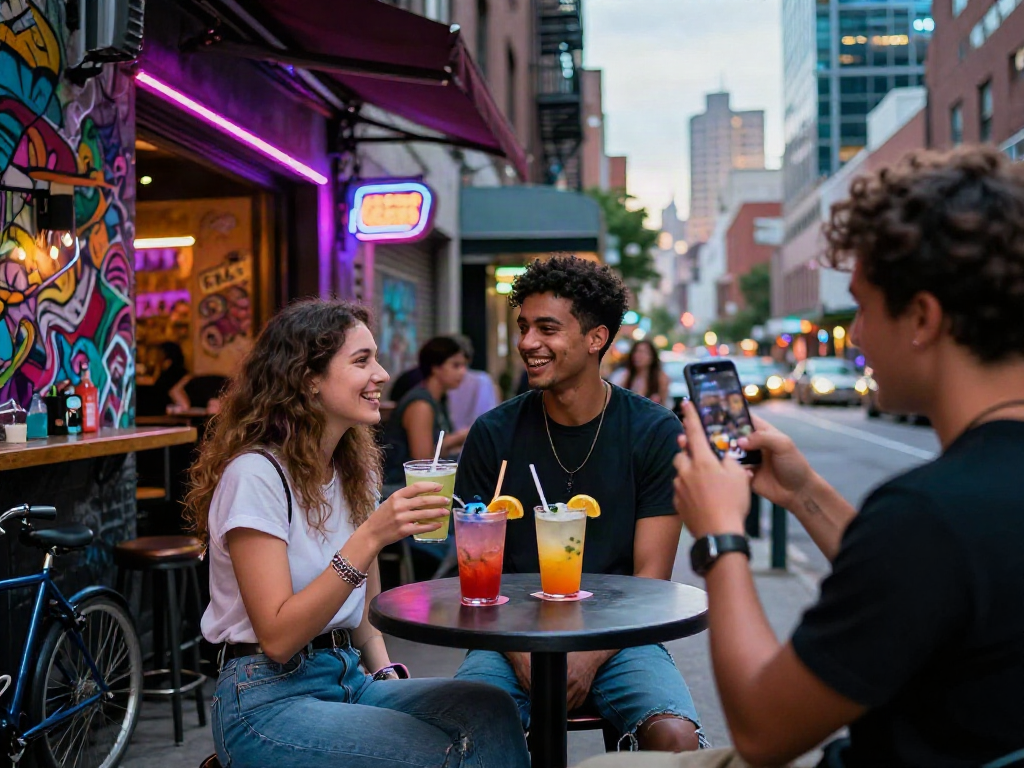 Young adults enjoying vibrant nightlife at a trendy bar with nsfw themes and colorful cocktails.