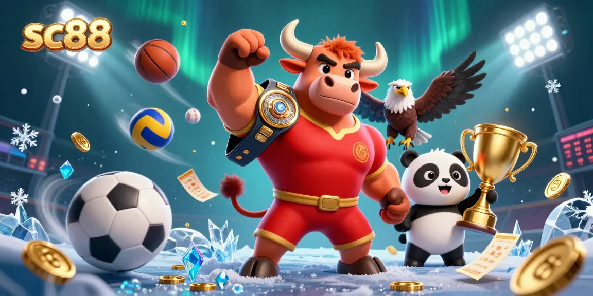 Experience sc88's exciting sports betting scene with dynamic sports balls, vibrant characters, and celebratory elements.