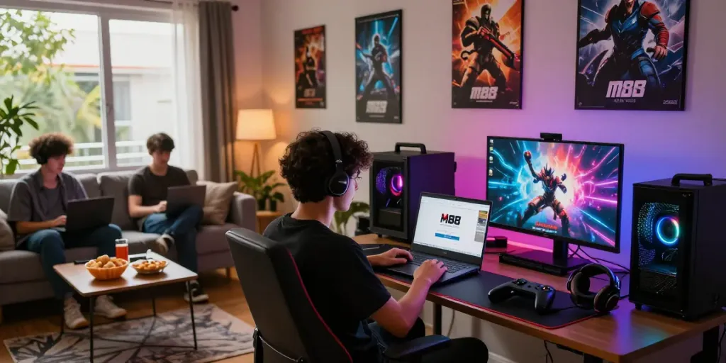 M88 Login alternatif showcased in a vibrant gaming setup with excited enthusiasts.