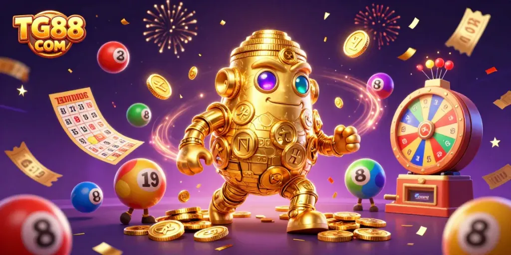 Engage with the thrilling world of TG88 COM, featuring an animated golden golem amidst casino excitement.