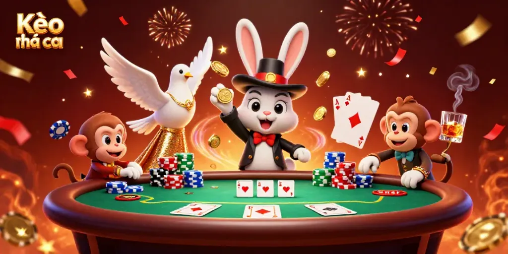 Experience the thrill of Kèo nhà cái with a 3D magician rabbit pulling golden coins, a dazzling dove, and a clever monkey amidst colorful poker elements.