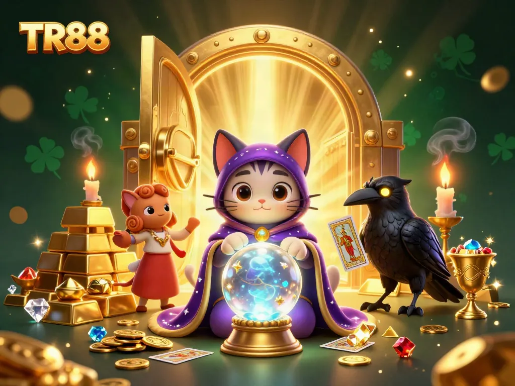 Engage with TR88 casino magic featuring mystical characters and treasure amidst dynamic gaming elements.