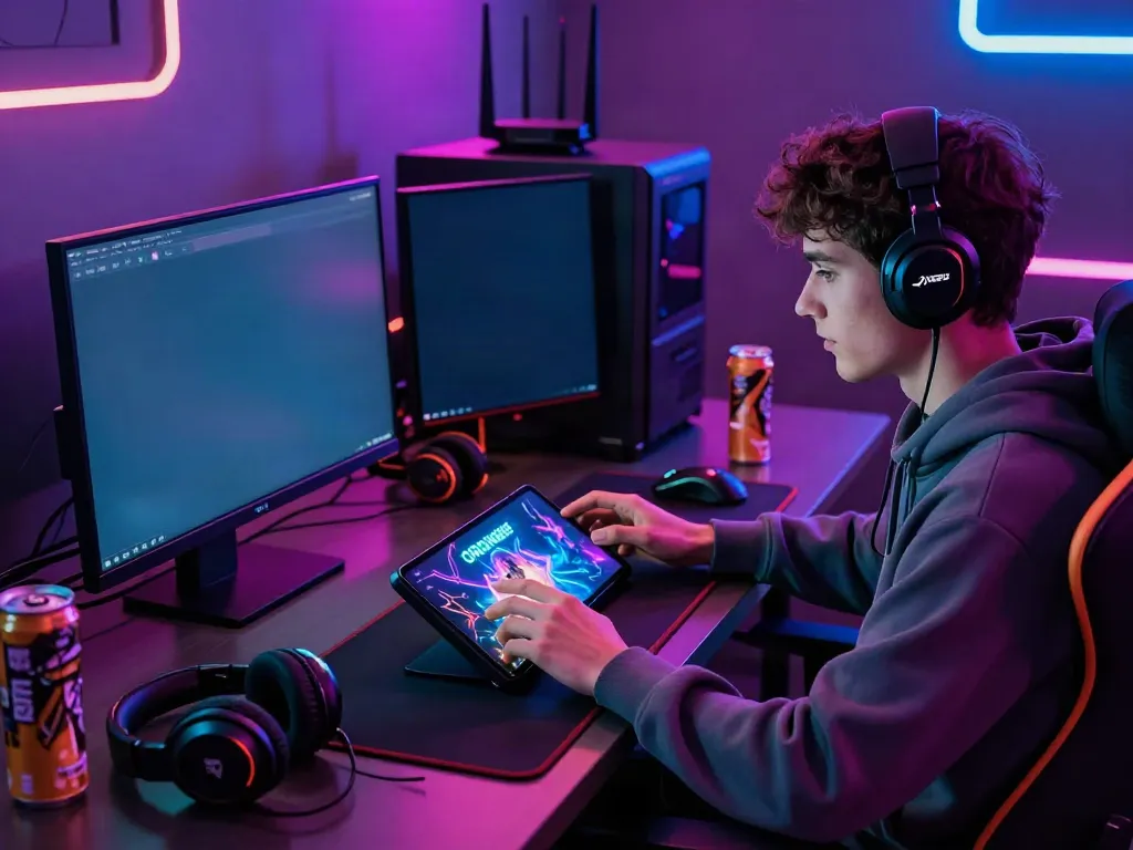 Engaged gamer using ORION88 APK in a neon-lit room