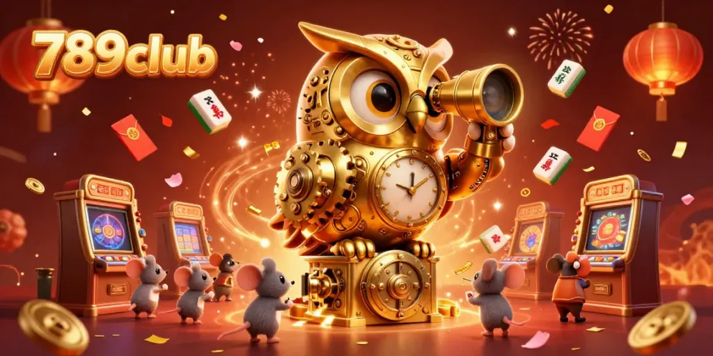 Experience the excitement of 789club with a dynamic casino scene featuring a golden owl and festive elements.